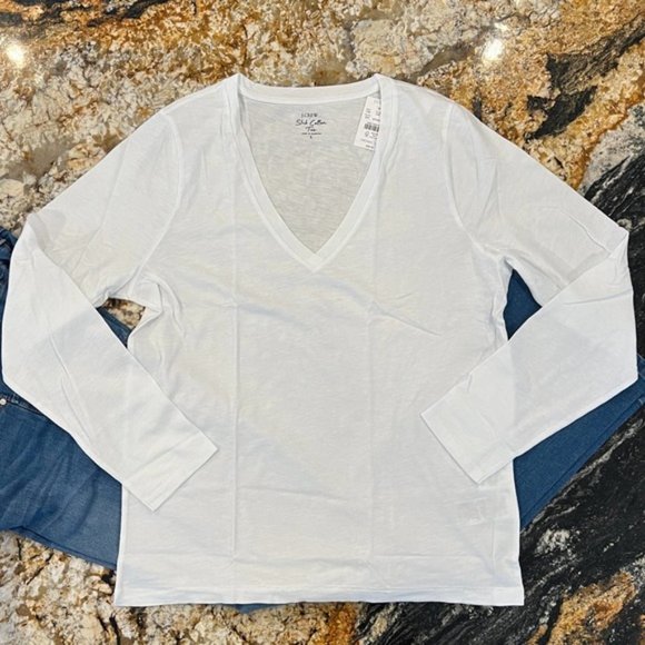 NWT J. Crew White Long-Sleeve Vintage Slub Cotton V-Neck Tee - Picture 4 of 10